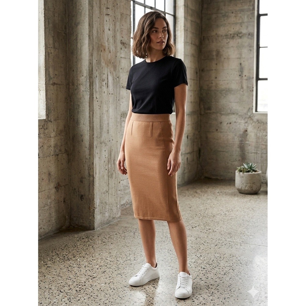 NAKED CASHMERE Ribbed Knit Pencil Skirt Tan Dune Small NWOT Viscose Stretch Midi